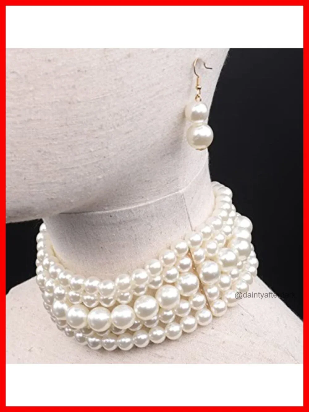 Multi-Layer Pearl Choker Necklace Earrings Set Lobster Clasp 16in